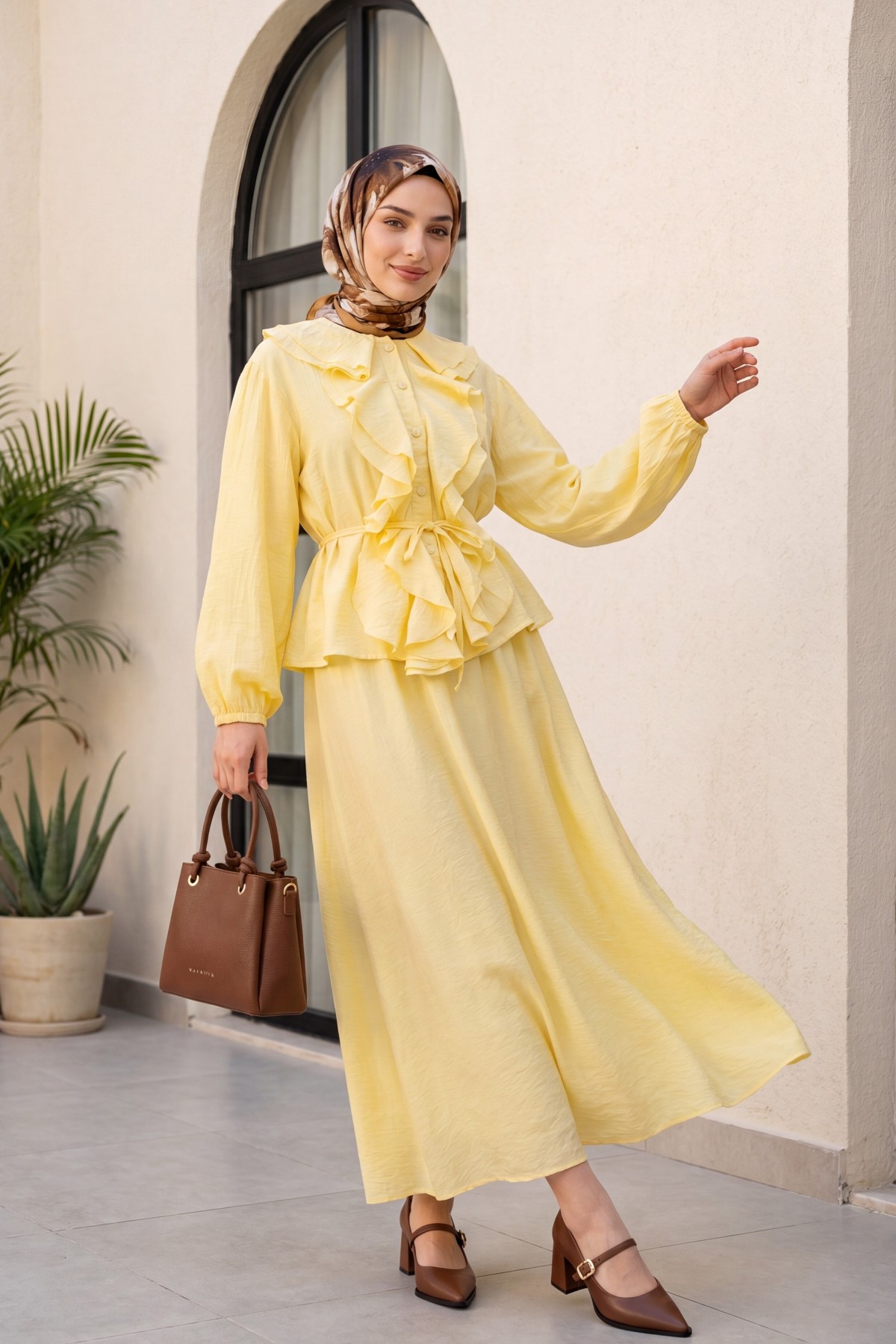 Strawberry Style Skirt Set with Ruffled Front, Elasticated Sleeves, and Belted Waist -Yellow