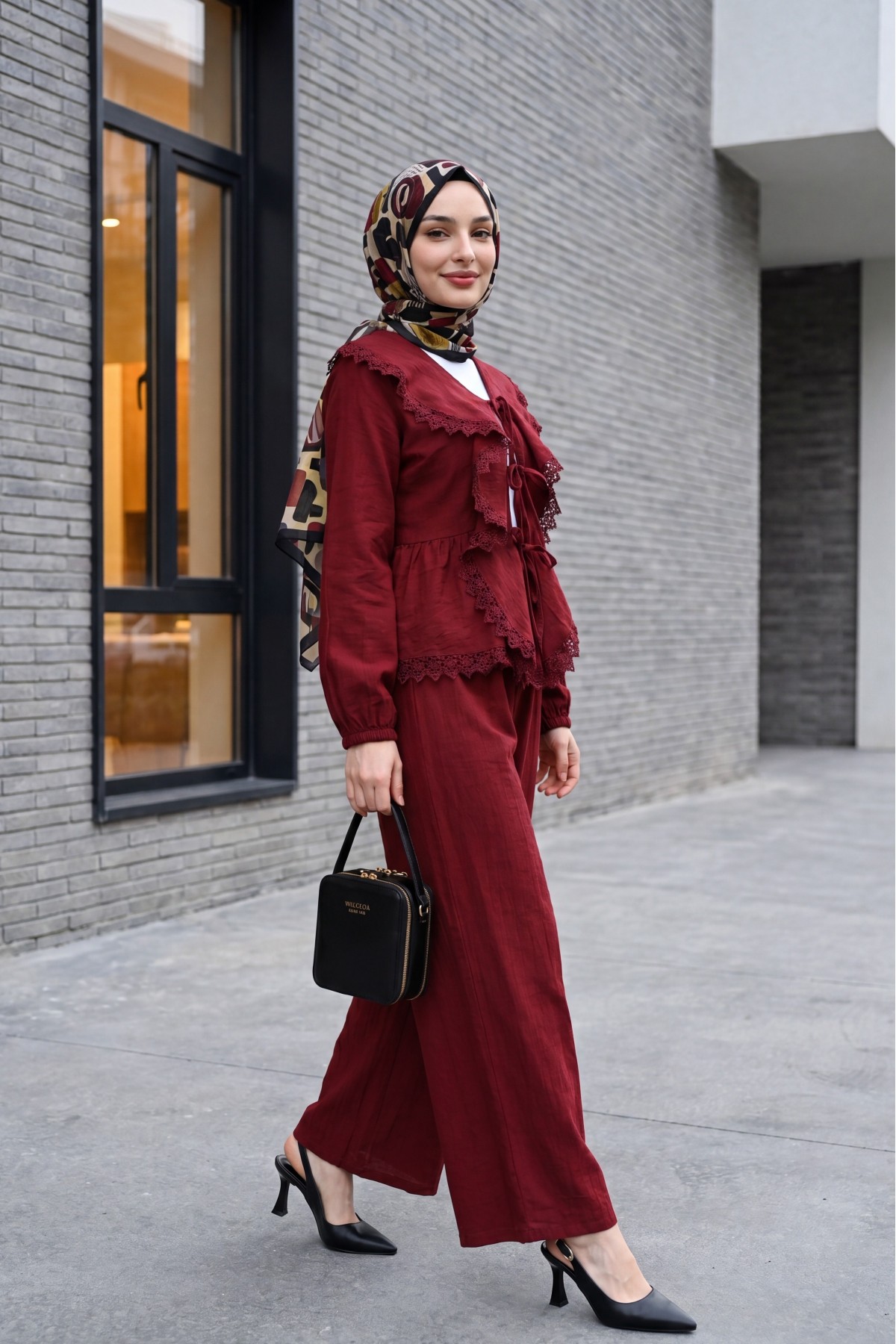 Strawberry Set with Lace Detail and Front Tie-Up Pants -Maroon