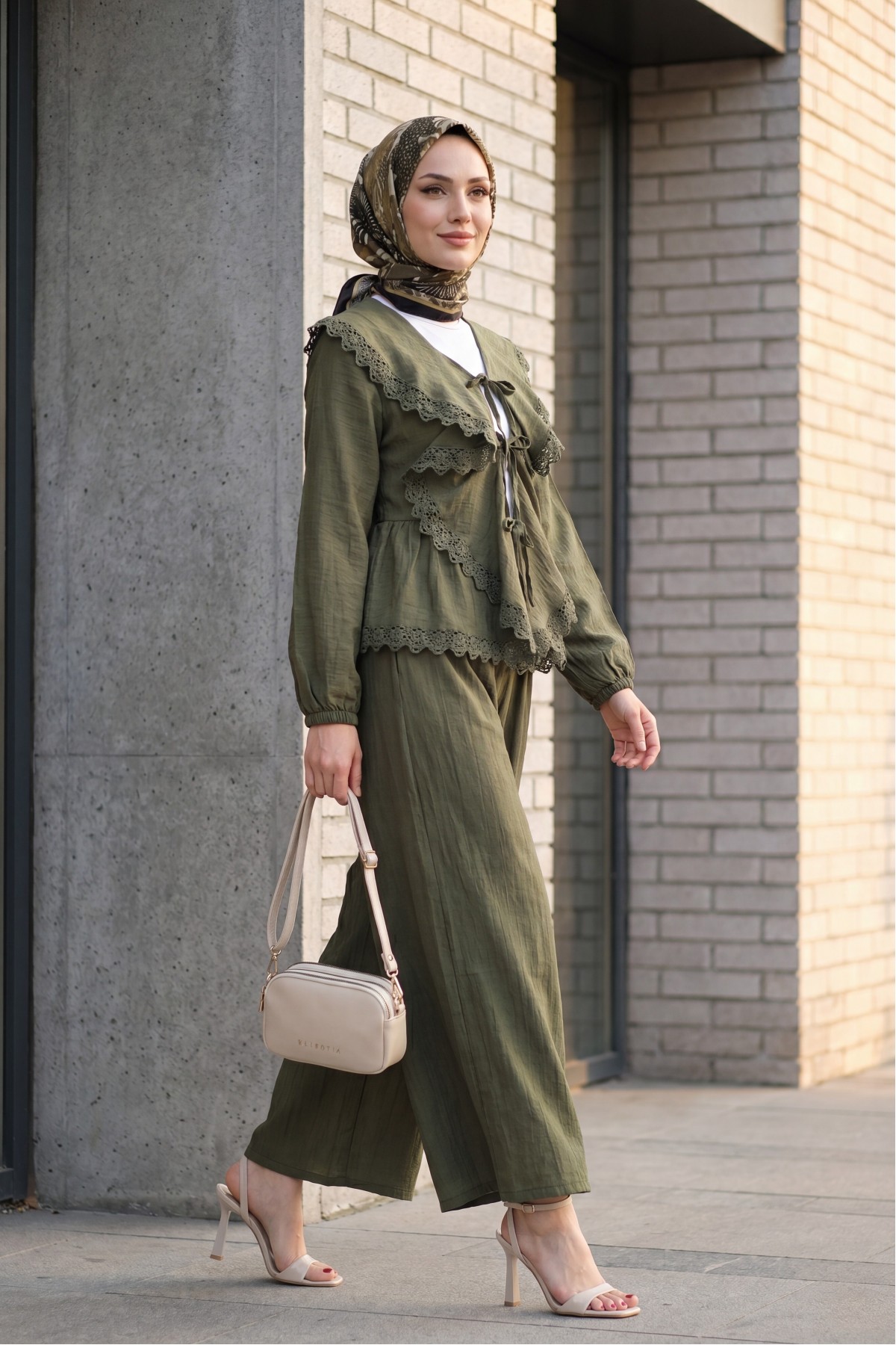 Strawberry Set with Lace Detail and Front Tie-Up Pants -Khaki