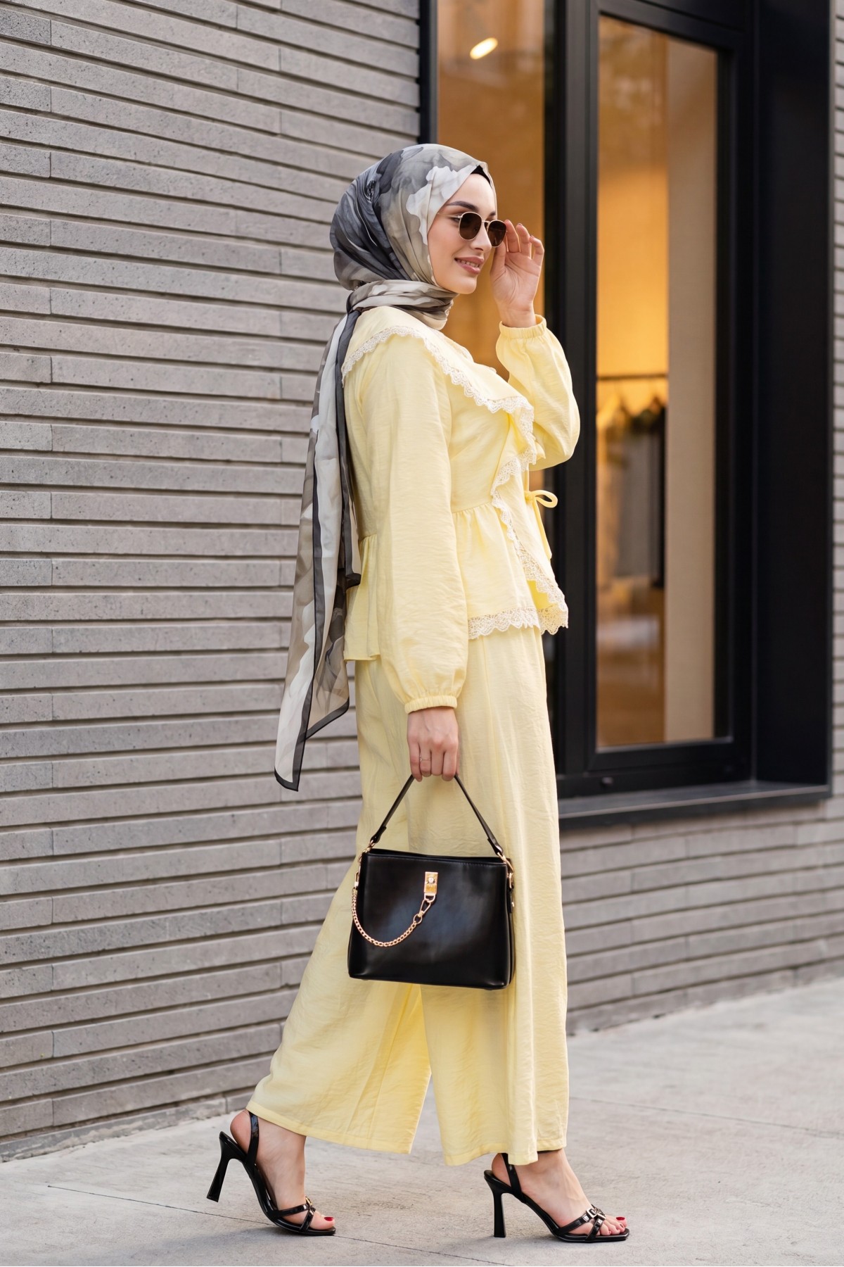 Strawberry Set with Lace Detail and Front Tie-Up Pants -Yellow