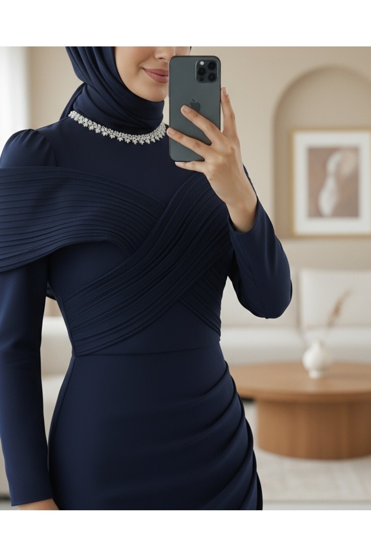 Evening Dress with Stone Detailed Collar and Draped Shoulder Layers -Navy blue