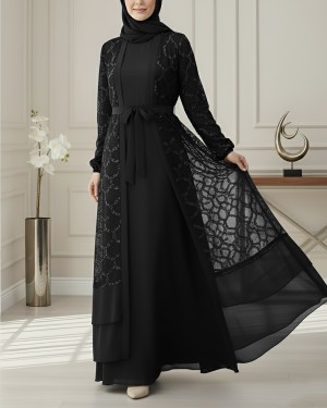 Sequined Double-Layered Belted Skirt Abaya -Black