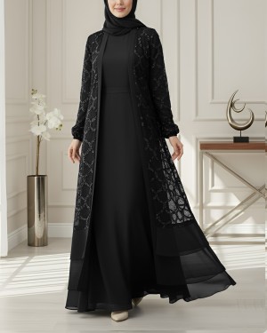 Sequined Double-Layered Belted Skirt Abaya -Black