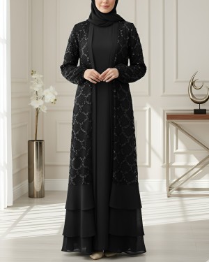 Sequined Double-Layered Belted Skirt Abaya -Black