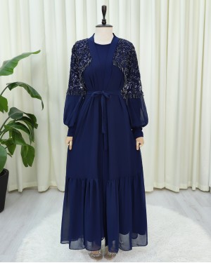 Two-Piece Abaya Set with Cut Beads and Belt -Navy blue