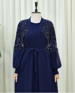 Two-Piece Abaya Set with Cut Beads and Belt -Navy blue