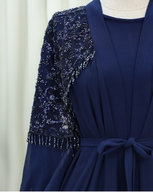 Two-Piece Abaya Set with Cut Beads and Belt -Navy blue