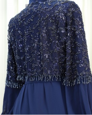 Two-Piece Abaya Set with Cut Beads and Belt -Navy blue