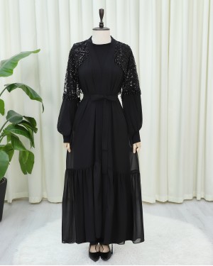 Kesme Boncuklu Kemerli İkili Abaya Takım -Siyah