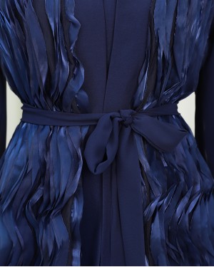 Two-piece abaya set with tulle detail at the front and a belted skirt. -Navy blue