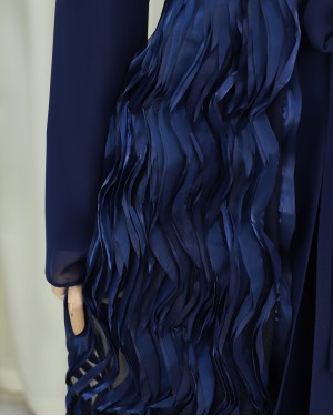 Two-piece abaya set with tulle detail at the front and a belted skirt. -Navy blue