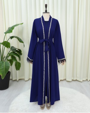 Abaya with Feathered Sleeves and Row of Stone Details, and Belt -Saxe 