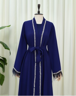 Abaya with Feathered Sleeves and Row of Stone Details, and Belt -Saxe 