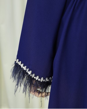 Abaya with Feathered Sleeves and Row of Stone Details, and Belt -Saxe 