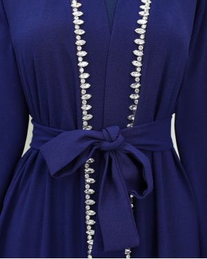 Abaya with Feathered Sleeves and Row of Stone Details, and Belt -Saxe 