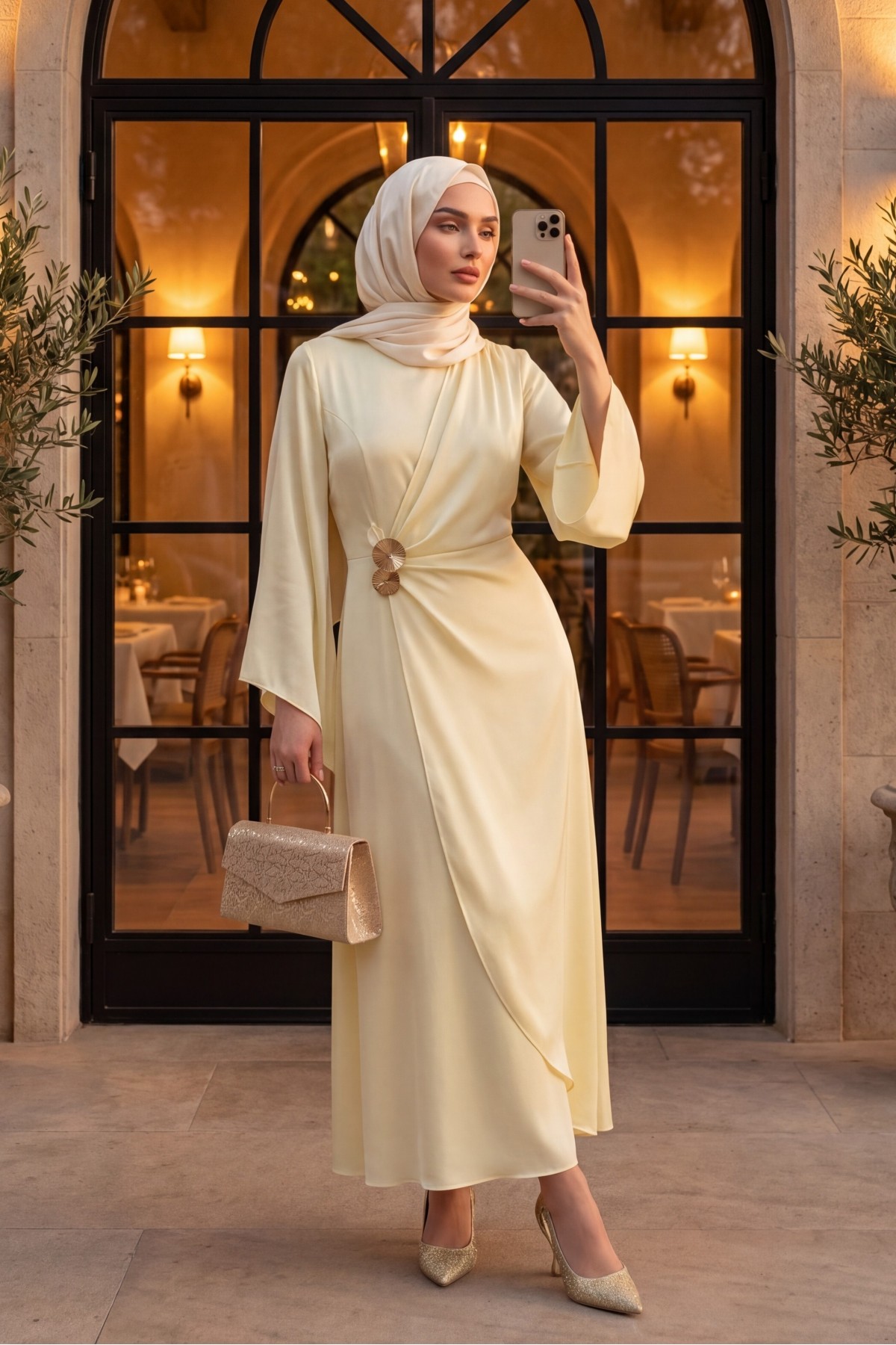 فستان سهرة من الساتان مزين بإبزيم أمامي مزدوج وأكمام غير متماثلة -أبيض سكري