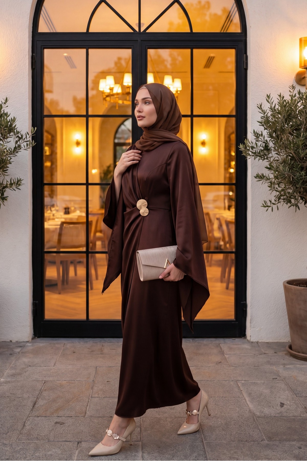 فستان سهرة من الساتان مزين بإبزيم أمامي مزدوج وأكمام غير متماثلة -بنى