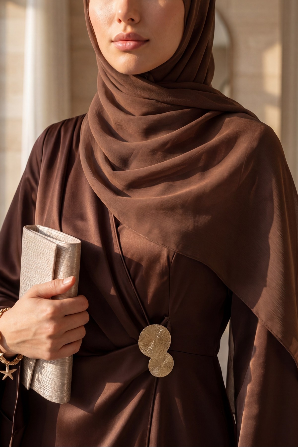 فستان سهرة من الساتان مزين بإبزيم أمامي مزدوج وأكمام غير متماثلة -بنى