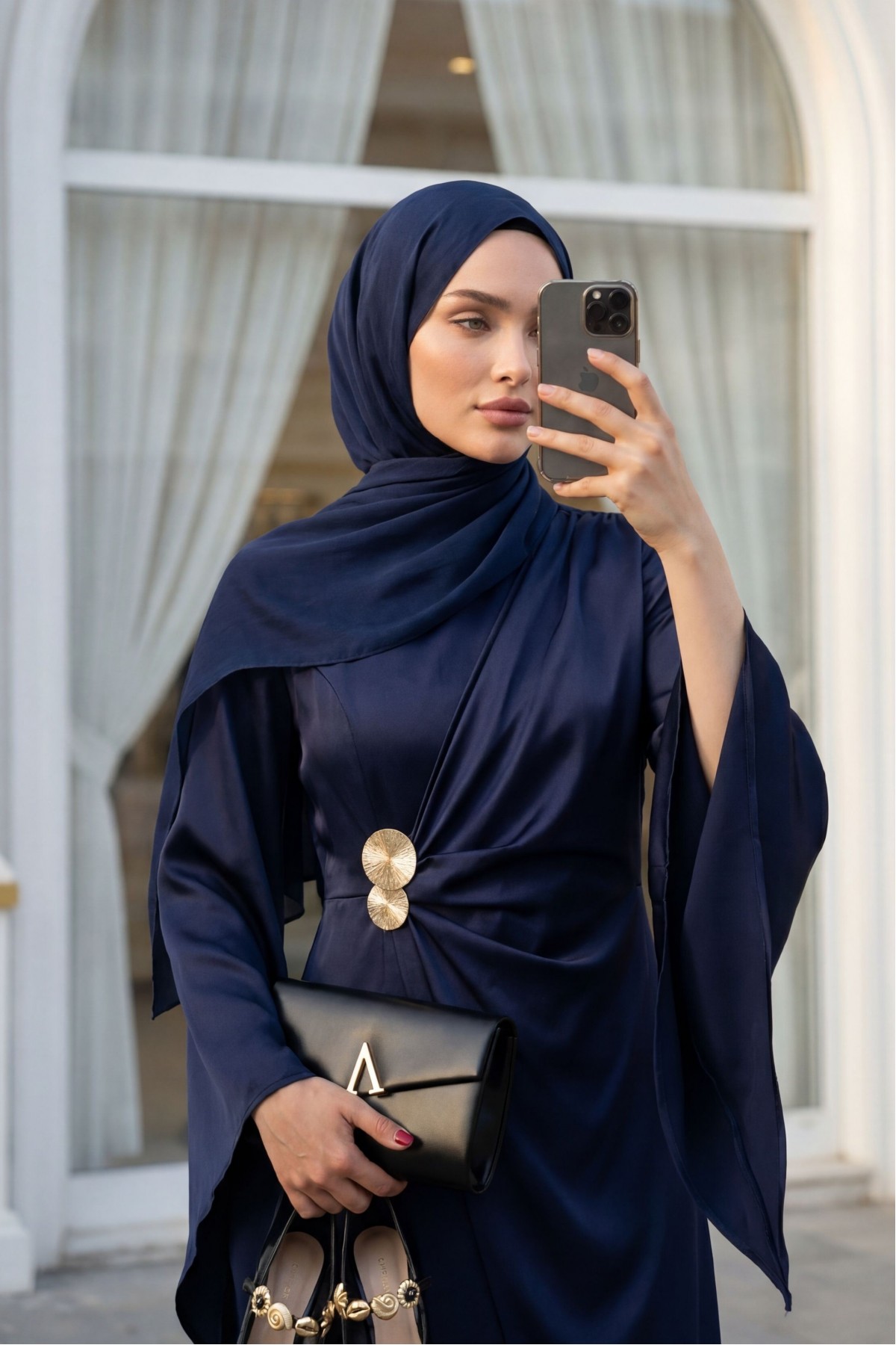 فستان سهرة من الساتان مزين بإبزيم أمامي مزدوج وأكمام غير متماثلة -كحلي