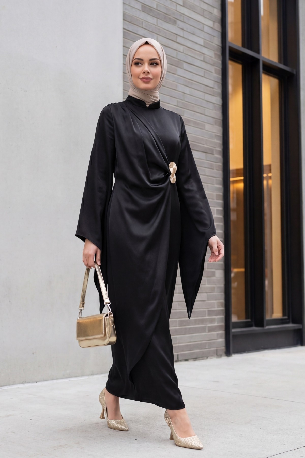 Buckle Detailed Double Front Asymmetrical Sleeve Satin Evening Dress -Black