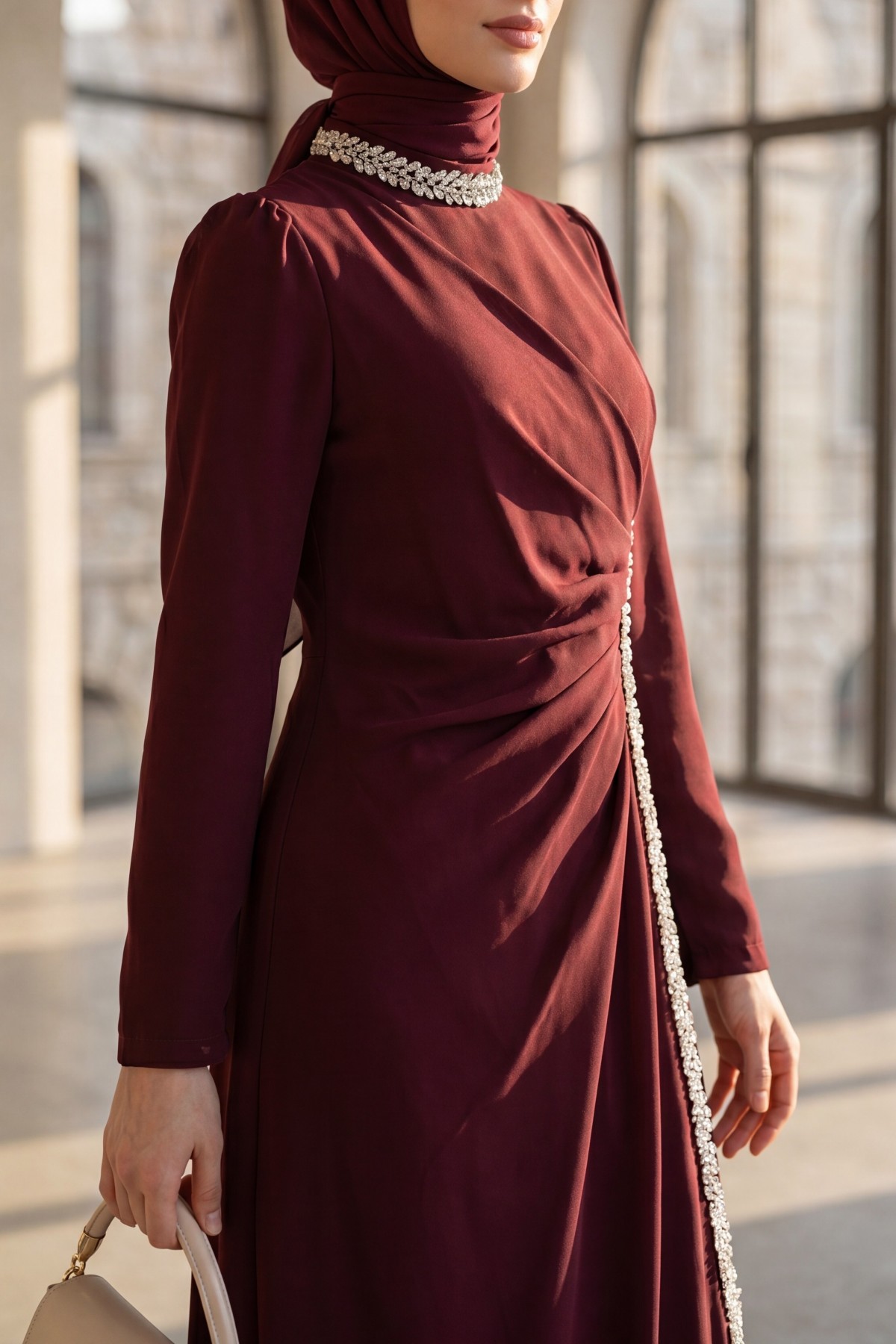 Crepe Evening Dress with Stone Embellishments on the Neckline and Sides -Dark Bordo