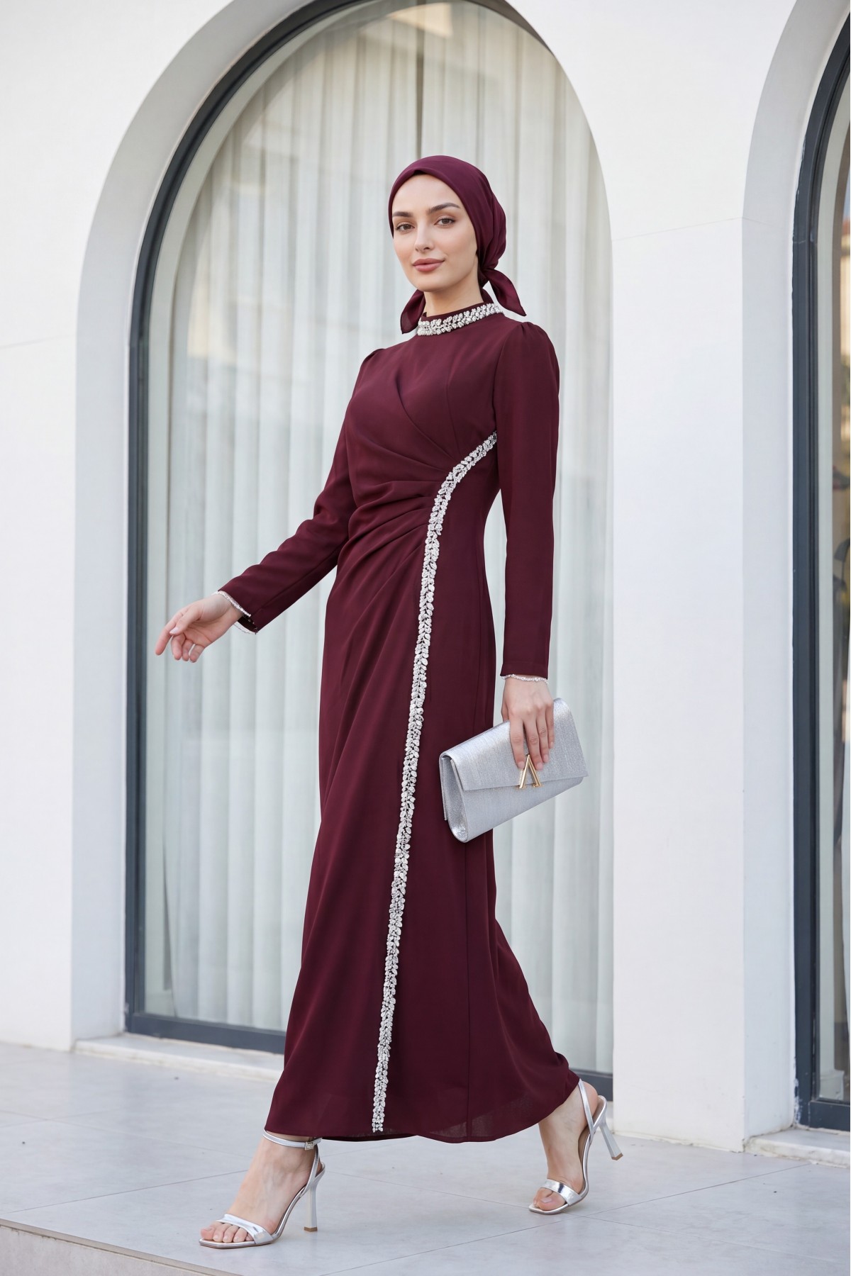 Crepe Evening Dress with Stone Embellishments on the Neckline and Sides -Dark Bordo