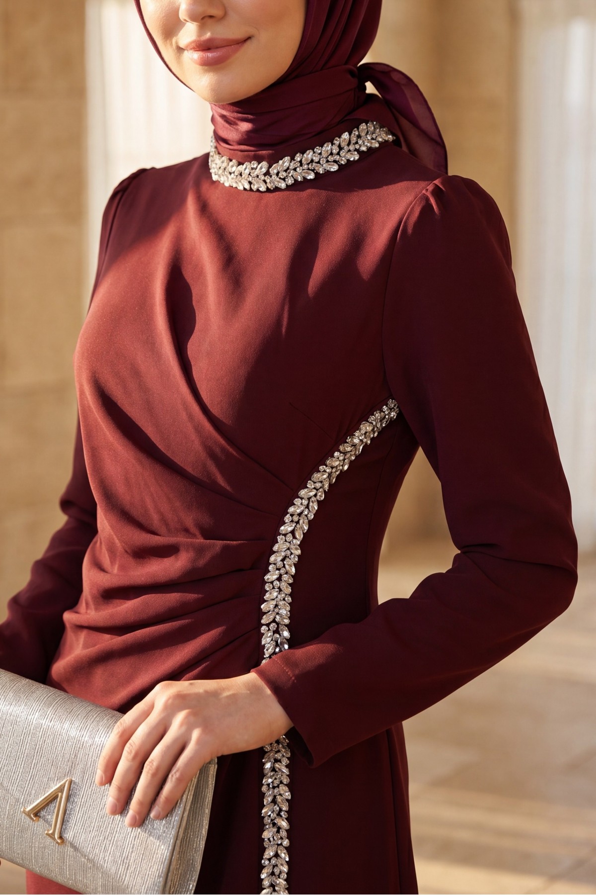 Crepe Evening Dress with Stone Embellishments on the Neckline and Sides -Dark Bordo