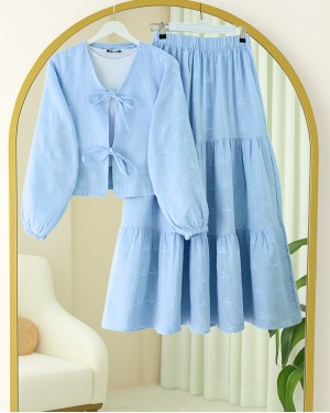 Lace-up Front Embroidered Detailed Skirted Muslin Suit -Baby Blue