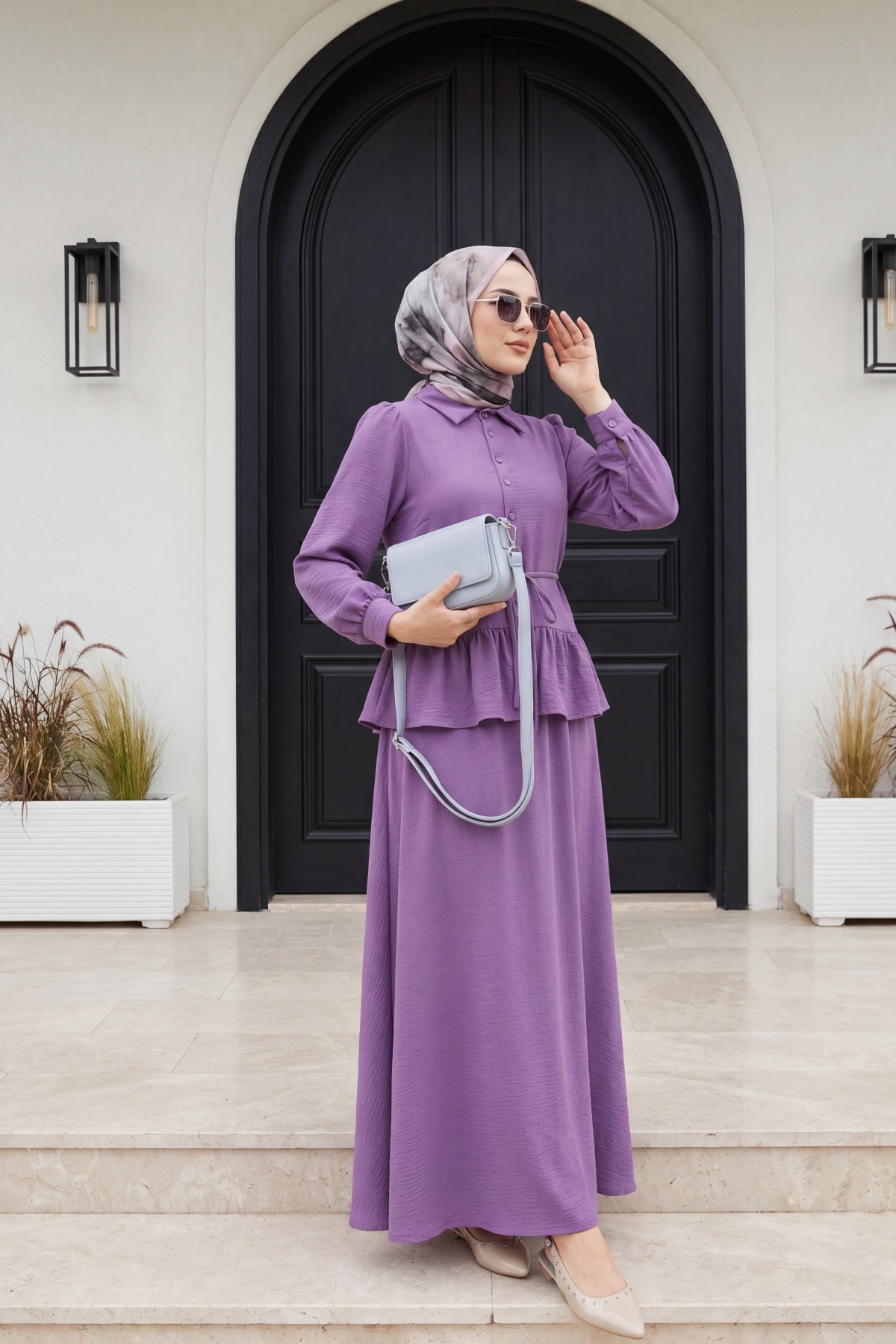Pieced Pleated Blouse Skirt Set - Purple