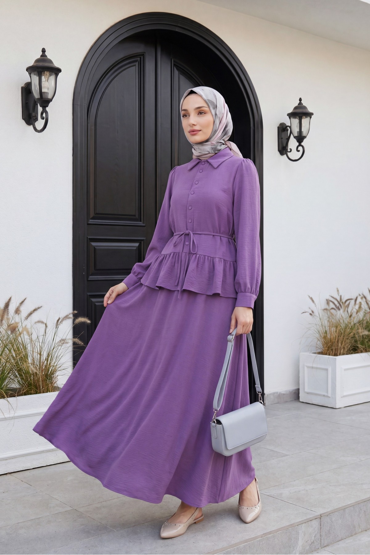 Pieced Pleated Blouse Skirt Set - Purple