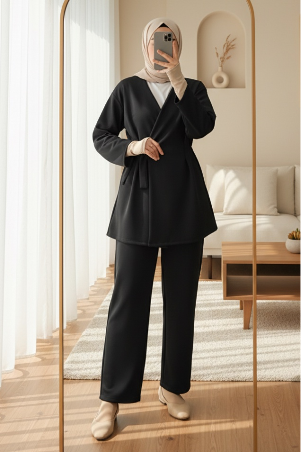 Beli Çift Bağlamalı Scuba Kimono Takım  -Siyah