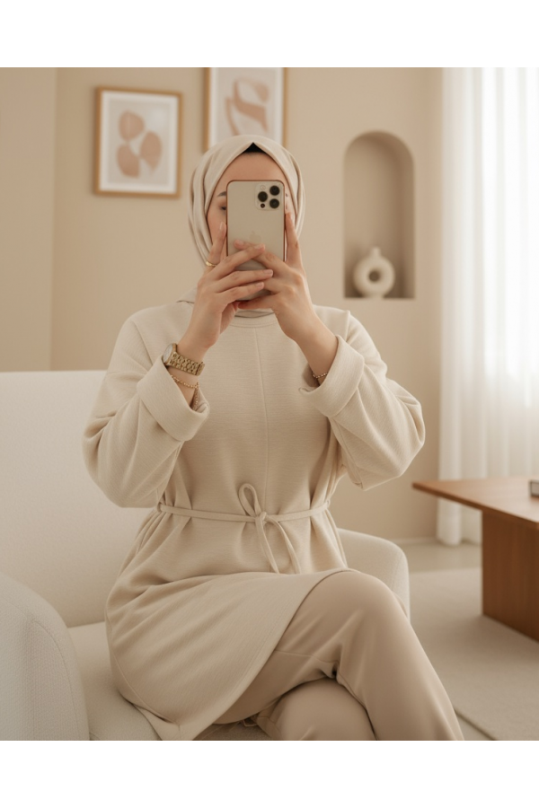 تونيك قطني ممشط مضغوط بأكمام مطوية وخصر مربوط وشق -اللون البيج