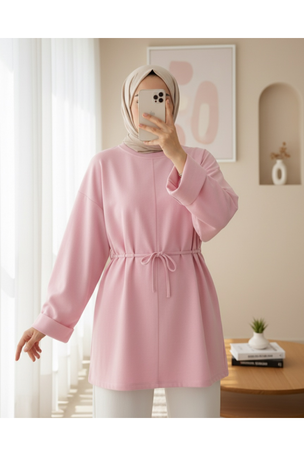 Kolu Katlı Beli Bağlamalı Yırtmaçlı  Kompakt  Penye Tunik -Pembe
