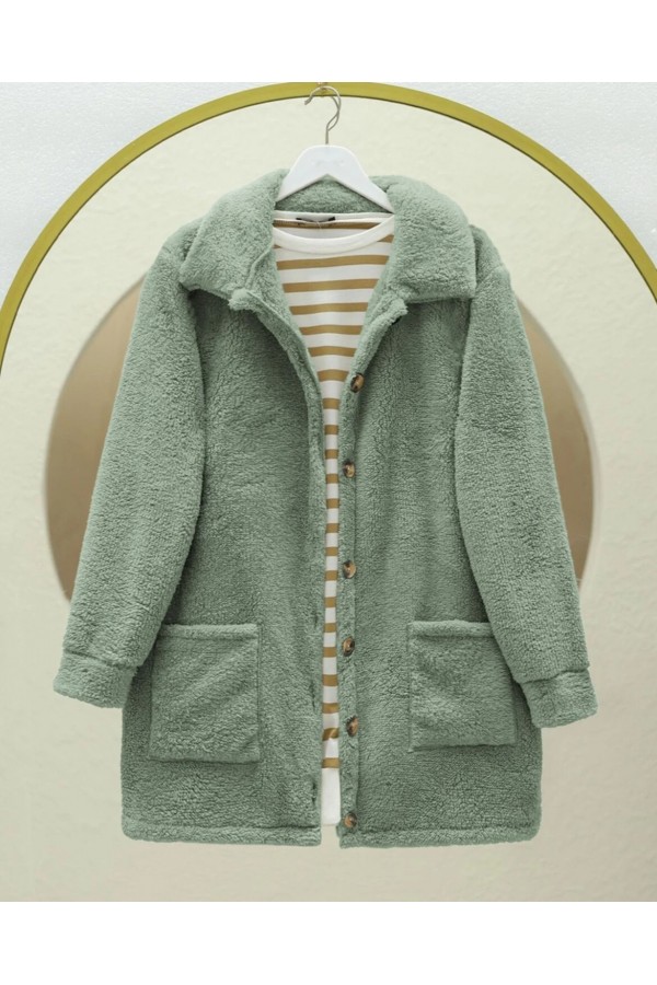Boydan Düğmeli Cepli Pelüş Ceket    -Mint