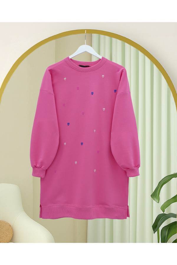 Yuvarlak Yaka Kalp Desenli Penye Tunik  -Pembe