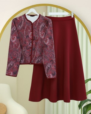 Etnik Desenli Top Düğmeli Scuba Takım  -Bordo