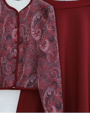 Etnik Desenli Top Düğmeli Scuba Takım  -Bordo