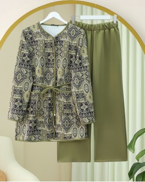 Beli Bağlamalı Çift Cepli Desenli Scuba Takım -Haki