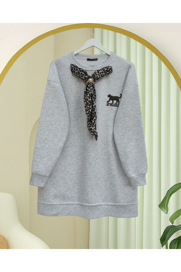 Fularlı Leopar Armalı 3 İplik Sweat -Açık Gri
