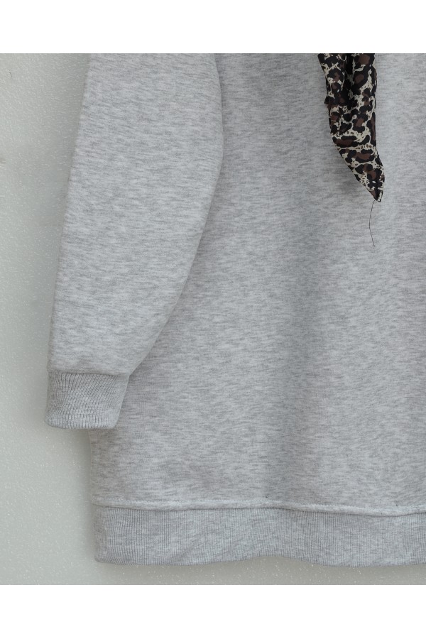 Fularlı Leopar Armalı 3 İplik Sweat -Açık Gri