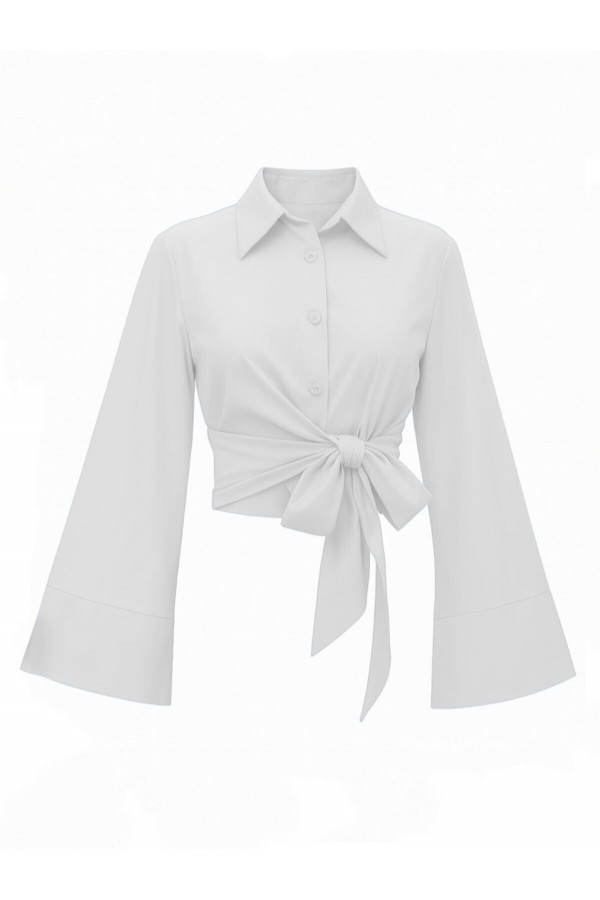 Belted Waist Spanish Sleeve Poplin Shirt Blouse -White