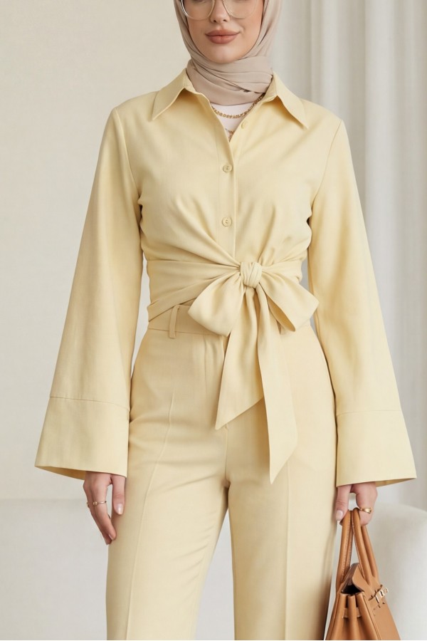 Belted Waist Spanish Sleeve Poplin Shirt Blouse -Yellow