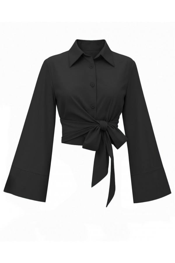 Belted Waist Spanish Sleeve Poplin Shirt Blouse -Black