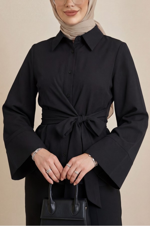 Belted Waist Spanish Sleeve Poplin Shirt Blouse -Black