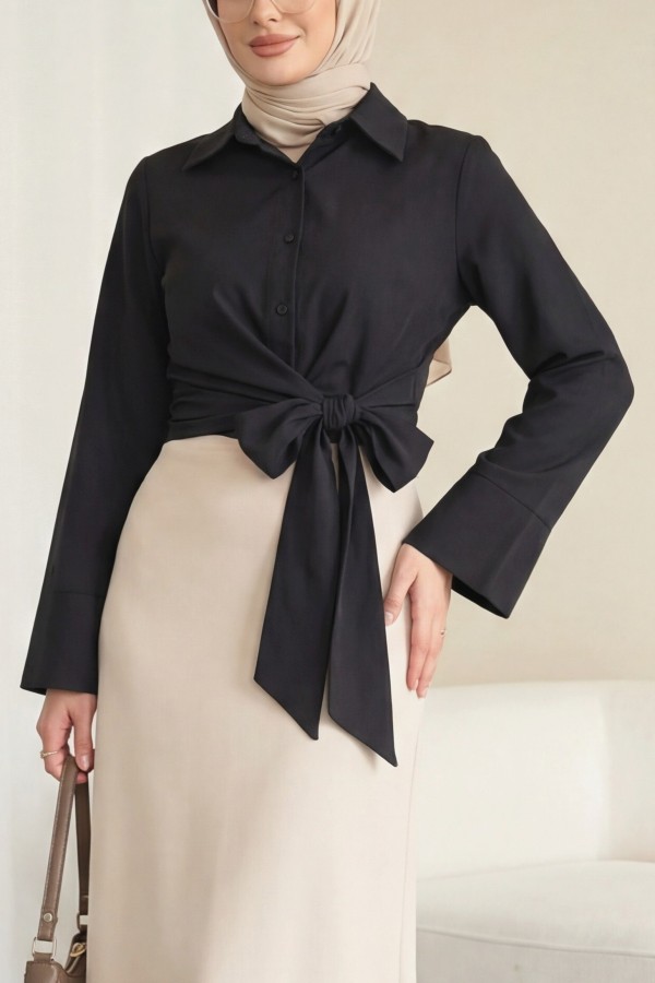 Belted Waist Spanish Sleeve Poplin Shirt Blouse -Black