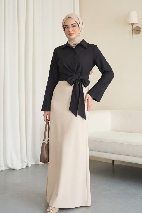 Belted Waist Spanish Sleeve Poplin Shirt Blouse -Black