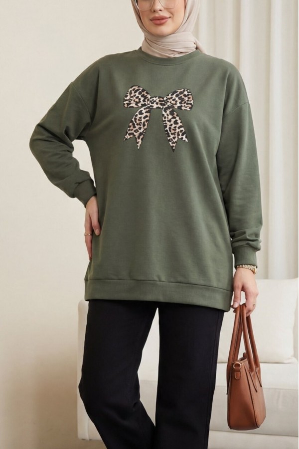 Round Neck, Bow Print, Loose Fit Oysho Tunic -Khaki