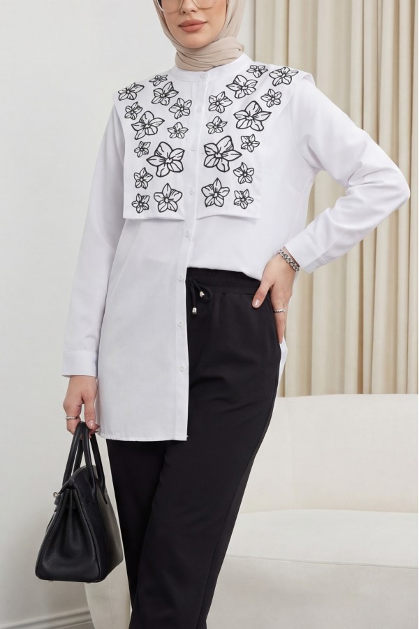 Plastron Detaylı Nakışlı Poplin Gömlek -Beyaz