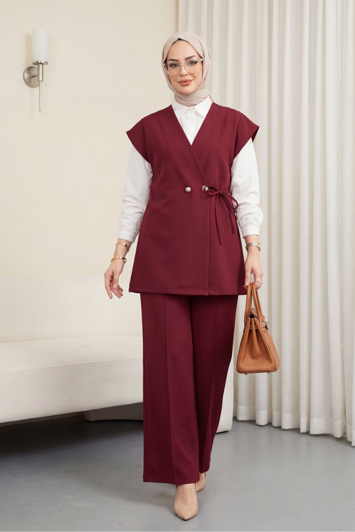 Düğme Detaylı Çift Bağcıklı Yelek Pantolon Double Krep Takım -Bordo