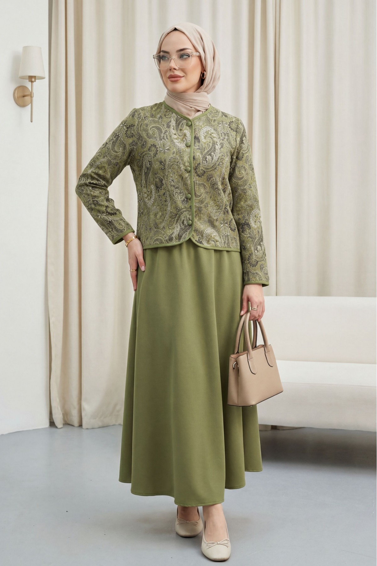 Top Button Ethnic Pattern Crepe Skirt Set -Khaki